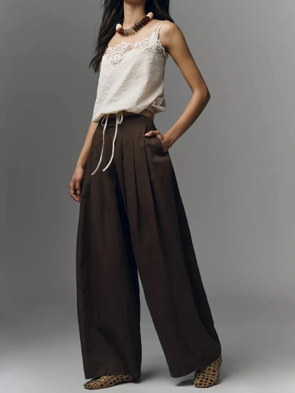Anthropologie Maeve Pleated Trousers Wide Barrel Leg Cotton Linen Blend BROWN - Picture 2 of 8